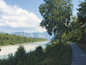 Auf dem malerischen Rhein-Uferweg biken wir zurück, an Landquart vorbei, nach Chur. (Foto: Maja Fueter)