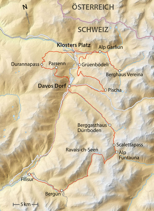 Die E-Bike-Hüttentour umfasst knapp 130 Kilometer und rund 5500 Höhenmeter. Ein sportliches Abenteuer für routinierte Biker mit guter Kondition durch die gesamte Bike-Destination Davos Klosters.