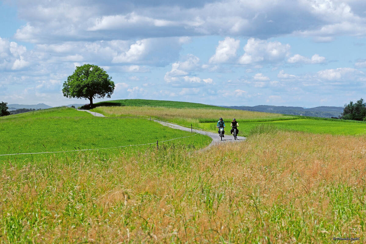 So wie am letzten Tag hätte das Wetter während der gesamten Expedition in die Südschweiz sein sollen: blauer Himmel, lockere Bewölkung und sanft ­geschwungene Radwege durch eine idyllische Landschaft.  © Velomedia GmbH