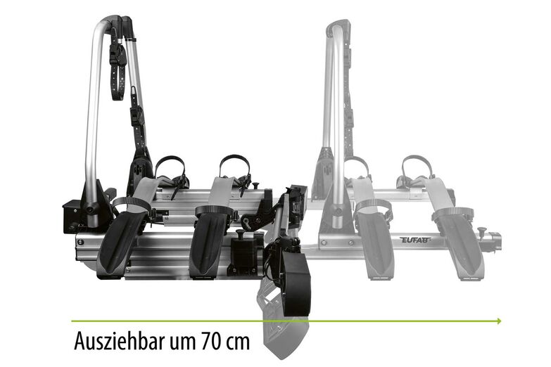 Ein echter Allrounder Der Eufab SD260 für zwei Fahrräder ist ein echter Allrounder. Er eignet sich besonders für Kastenwagen, Vans, Familienbusse oder Hochdachkombis mit Flügeltüren, kann aber auch am PKW montiert werden. Dank seinen praktischen Gleitschienen mit ca. 70 Zentimeter Schiebeweg lässt er eine Öffnung von bis zu 85 Zentimeter breiten Türen zu. Der Eufab SD260 ist zusammenklappbar, lässt sich per Schnellverschlusssystem einfach und unkompliziert am Fahrzeug anbringen und macht keinen Unterschied zwischen Fahrrädern mit normalem, Oversize- oder Y-Rahmen; seine stabilen Aluminiumschienen mit Kunststoffradhalterungen lassen Reifenbreiten bis 3,25 Zoll (80 Millimeter) zu. Traglast: 60 kg, Eigengewicht: 20,5 kg. Ab Fr. 799.– eal-vertrieb.com